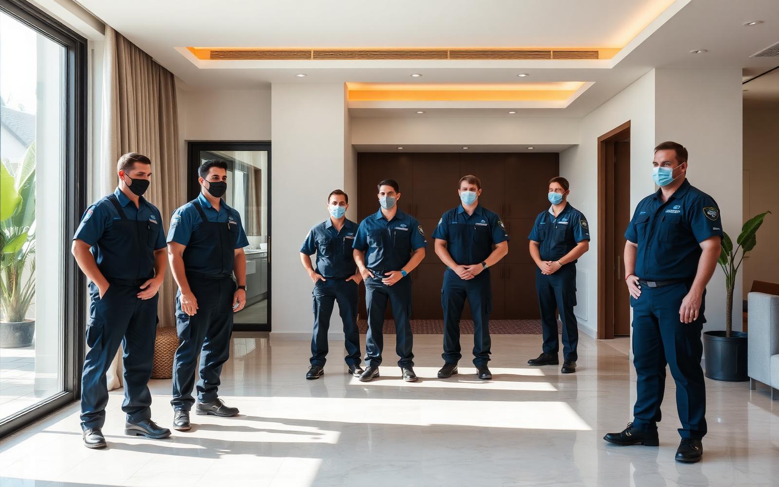 Professional maintenance team standing in a modern villa
